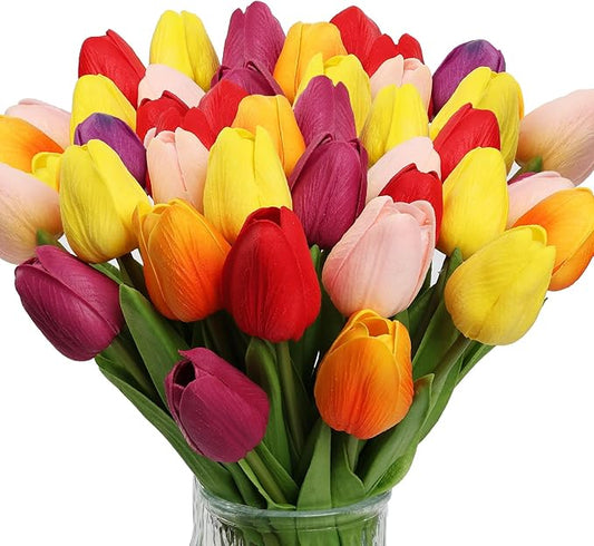 30pcs Tulips Artificial Flowers, Artificial Latex Real Touch Tulips Flowers Bouquet for Mother's Day Easter Wedding Party Home Decor-Multi 6 Color