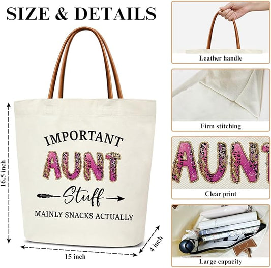 Canvas Tote Bag for Women, Important Stuff Bag with Leather Handle, Reusable Grocery Bags for Shopping Beach Travel