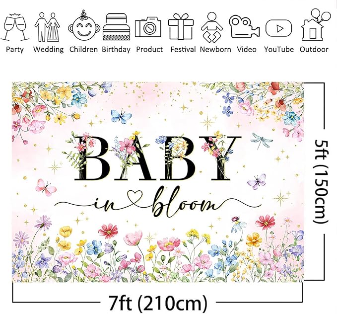 Mocsicka Wildflower Backdrop Baby in Bloom Floral Baby Shower Decorations Girls Butterfly Golden Dot A Little Wildflower is On The Way Decorations for Baby Shower Background Banner