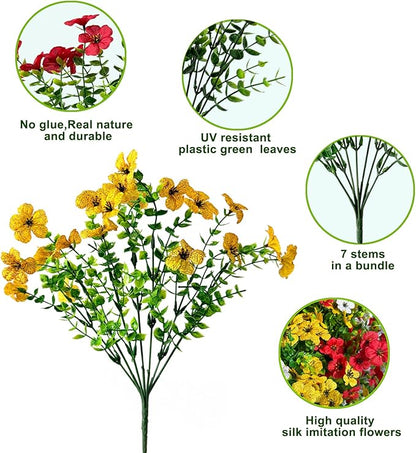 12 Bundles Artificial Flowers for Outdoor,UV Resistant Fake Flowers,Faux Plants for Outside Hanging Planters,Artificial Plants for Indoor Porch Garden Home Wedding Decor(Yellow,Red,White)