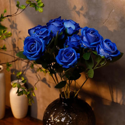 12 Pcs Artificial Rose Flowers, Silk Roses with Long Stems, Realistic Fake Roses for Wedding Centerpiece Party Home and Office DIY Decor, Blue