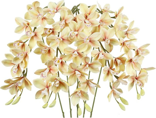 IPOPU 5 Pcs Real Touch Faux Orchid Champagne Orchid Artificial Flowers with Long Stem for Wedding Party Centerpiece Bridal Bouquet DIY Home Living Room Decoration