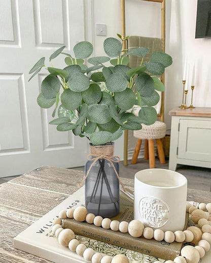 Artificial Eucalyptus Stems in Black Glass Vase 14" 6Pcs Faux Eucalyptus Branches Home Table Decor Fake Plants Stems for Farmhouse Kitchen Bathroom Decorations