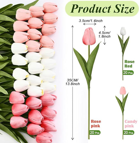 Janinka 60pcs Artificial Tulip Flowers Fake PU Tulips Faux Latex Bouquet Flower Centerpieces Arrangement Floral for Mother Day Wedding Spring Decorations (Dark Pink,Light Pink,White)