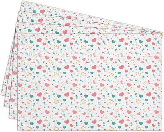 Cotton Linen Waterproof Placemats Set of 4, Pink Love Hearts Dining Mat Table Mats Decor Fabric for Kitchen Dinner Coffee Shop Table, Indoor/Outdoor Washable Wipeable Placemat -N032