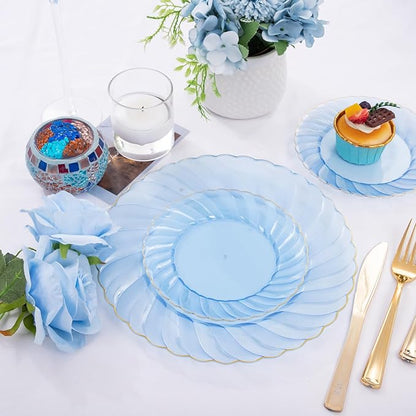 YOUBET 125PCS Clear Blue Gold Plastic Plates - Blue Disposable Plates With Gold Rim Include 25 Dinner Plates 25 Dessert Plates 75 Golden Silverwares for Wedding Birthday & Parties