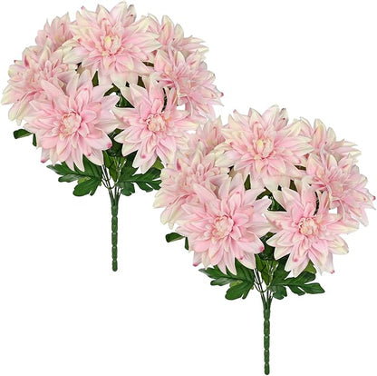 Hollyone 2Pcs Pink Artificial Dahlia Flowers Bush 7 Heads Silk Fake Dahlias Flowers with Stems Wedding Bouquets Faux Dahlia Flowers Arrangements for Outdoor Indoor DIY Table Centerpieces Home Decor