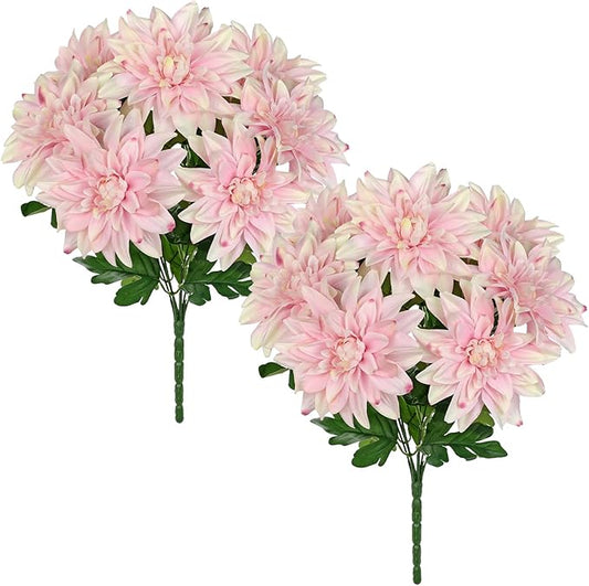 Hollyone 2Pcs Pink Artificial Dahlia Flowers Bush 7 Heads Silk Fake Dahlias Flowers with Stems Wedding Bouquets Faux Dahlia Flowers Arrangements for Outdoor Indoor DIY Table Centerpieces Home Decor