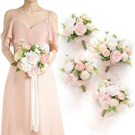 Ling's moment Artificial Flowers Pink Bridesmaid Bouquet Set of 4, Blush & Cream Wedding Flowers Bouquets for Bridesmaids, 7 Inch Bridal Bouquets for Bridesmaids, Wedding, Ceremony, Anniversary, etc
