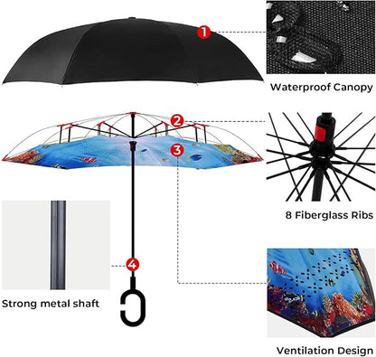 Inverted Umbrella, 49 Inch Double-Layer Vented Reverse Umbrella, Windproof Waterproof UV Protection, Lightweight C-Handle, Fiberglass Ribs, Steel Shaft, Travel/Commute/Car Use, With Sleeve