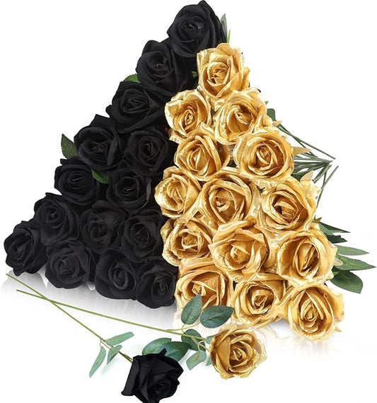 30pcs Fake Roses Artificial Silk Flowers Long Stems Bouquet for Wedding Bridal Shower Party Home Decoration (Black + Gold)