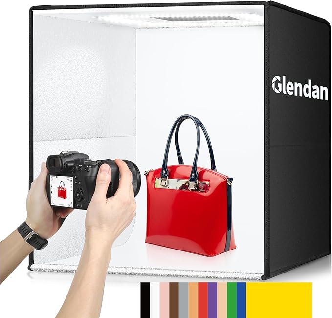 Glendan Light Box Photography: 20x20 inch Photo Studio Light Box with 240 LED Dimmable LED Lights - Folding Photo Box with 12 Color Backdrops for Jewelry Food Electronics Product Photography