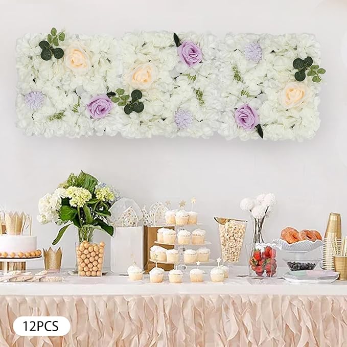 DouSeiAi 12Pcs Artificial Flower Wall Panel 3D Floral Backdrop Wall 15" X 15" Flower Walls Decor Flower Backdrop Faux Flowers Panel for Wedding Party Home Decoration, White/Purple