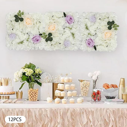 DouSeiAi 12Pcs Artificial Flower Wall Panel 3D Floral Backdrop Wall 15" X 15" Flower Walls Decor Flower Backdrop Faux Flowers Panel for Wedding Party Home Decoration, White/Purple
