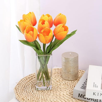 Briful Fake Flowers Artificial Tulip Flower Orange in Clear Vase, Real Touch Foam Tulip Arrangement Suitable for Home Office Decoration, Dining Table Centerpiece