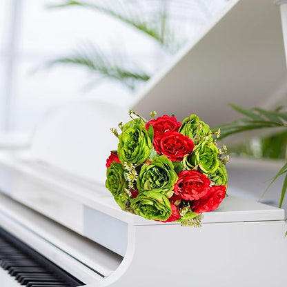 ASTRYAS Peonies Artificial Flowers, 2Pcs Fake Peony Silk Peonies for Christmas Decoration Flowers Arrangements Home Decor Wedding Party (Green & Red)