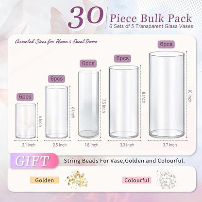 30pcs Glass Vase Cylinder Vases for Centerpieces Small Flower Glass Vases Home Decor Centerpiece Table Clear Flower Vase Decorations for Wedding＆Holiday 4,6,7.5,8,10 Inch Tall
