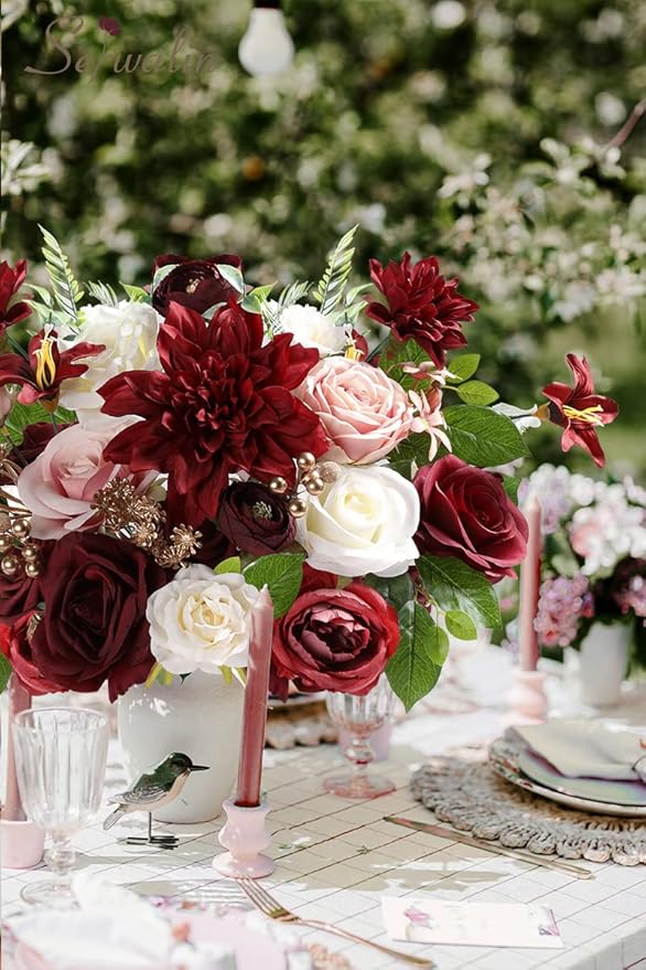 Serwalin Artificial Flowers, Burgundy Pink Flowers Fake Silk Flowers for DIY Wedding Bridal Bouquets, Wedding Cake Flowers for Table Centerpieces Bridal Shower Birthday Party Home Fall Decor