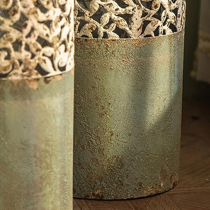 20.3″ Tall Metal Floor Vase – French Country Green & White Geometric Iron Cylinder Decorative Vase for Living Room • Entryway • Hallway (Rustic Romantic Accent & Dried/Faux Flowers)
