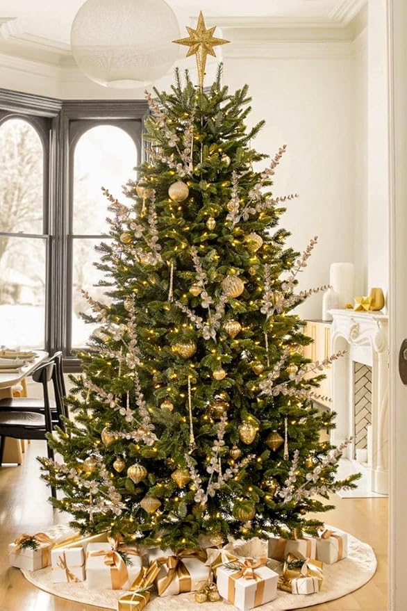 8 Pcs Christmas Tree Picks and Sprays Champagne Glitter Christmas Picks 25.6" Christmas Glitter Eucalyptus Leaves Stems for Christmas Tree Filler Branches Wreaths Centerpieces Holiday Decorations