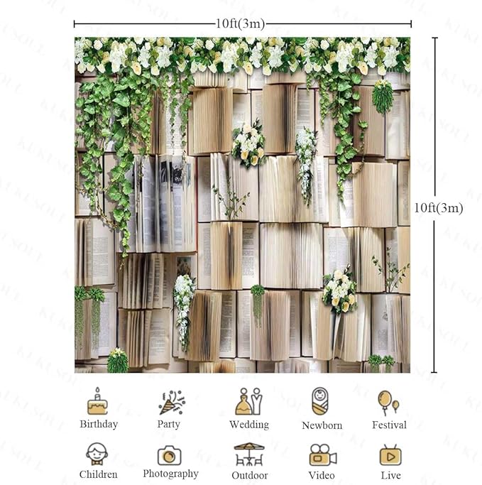 10x10ft Books Backdrop for Photography Flower Garlend Book Pages Wedding Party Backdrop Kids Birthday Party Banner Baby Shower Photoshoot Booth Props KUBDJ737
