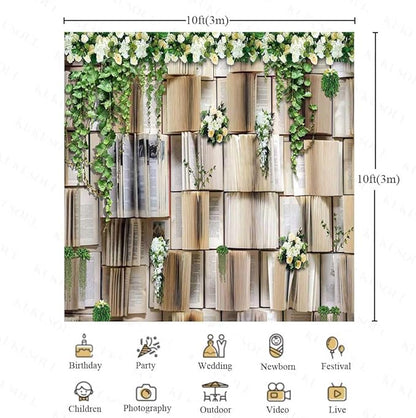 10x10ft Books Backdrop for Photography Flower Garlend Book Pages Wedding Party Backdrop Kids Birthday Party Banner Baby Shower Photoshoot Booth Props KUBDJ737