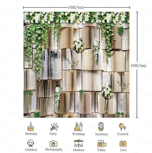 10x10ft Books Backdrop for Photography Flower Garlend Book Pages Wedding Party Backdrop Kids Birthday Party Banner Baby Shower Photoshoot Booth Props KUBDJ737