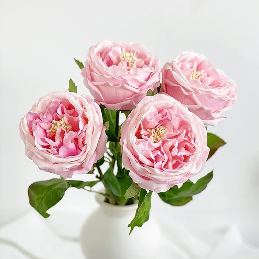YalzoneMet 3.5'' Big Bloom Rose Artificial Flowers Light Pink 4Pcs Real Touch Rose Faux 17.7 Inch Long Stem Austen Roses Peonies Fake Flowers for Home Kitchen Party Christmas Flower Wedding Decor