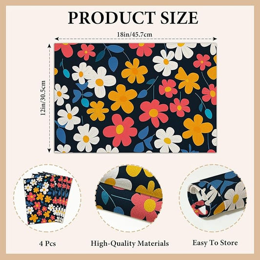 Cotton Linen Waterproof Placemats Set of 4, Wildflower Dining Mat Table Mats Decor Fabric for Kitchen Dinner Coffee Shop Table, Indoor/Outdoor Washable Wipeable Placemat -N035