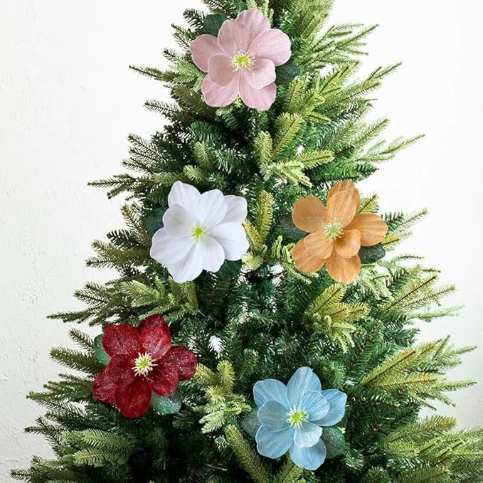Artificial Magnolia Flowers with Glitter, Foldable Christmas Tree Decor for Holiday, Wedding, Home Vase Arrangements (Gold)
