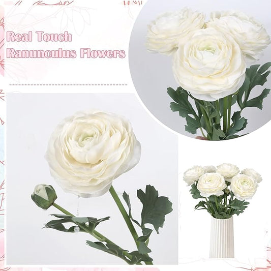 White Ranunculus Artificial Flowers 6PCS Real Touch Faux Ranunculus Flowers for DIY Wedding Bouquet Party Table Home Decor(White)
