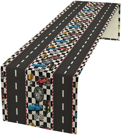 Race Car Table Runner,Checkered Flag Black and White Race Cars Pattern Print Tablecloth Burlap for Hotel Indoors Outdoor Dining Room Kitchen Home Decor,W13X L70 in