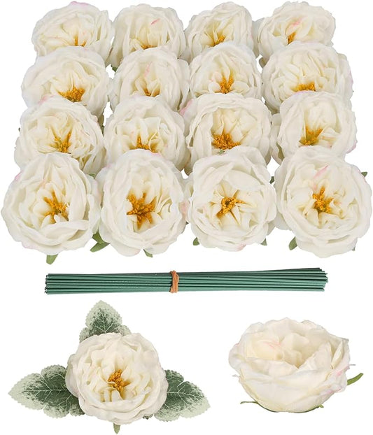 16pcs Peonies Artificial Flowers Head Ivory Austin Roses Vintage Burnt Flowers Silk Rose Head with Stems for DIY Flower Wedding Bouquets Centerpieces Home Decoration (Ivory)
