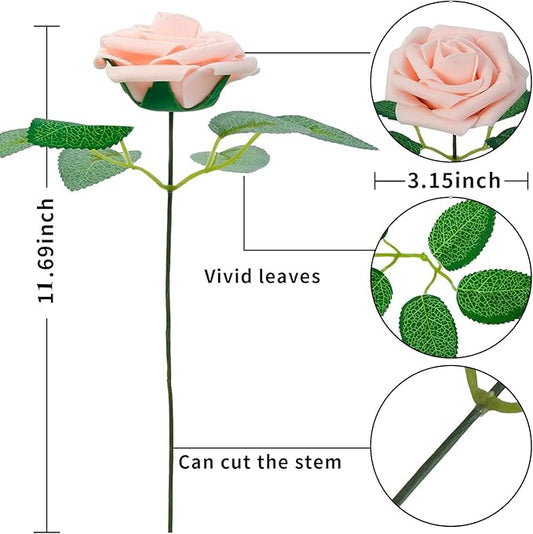 [25PCS] Pink Roses Artificial Flowers with Long Stem Real Touch Ivory Fake Foam Roses for Decoration DIY Wedding Bouquets Centerpieces Bridal Shower Flower Arrangements Home Decor