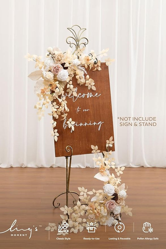 Ling's moment 2pcs Wedding Flowers Garland Artificial Floral Swag Arch Decorations Greenery Arrangements White & Beige Ceremony Reception Garden Easel Wall Entryway Outdoor Board(NOT Include Sign)