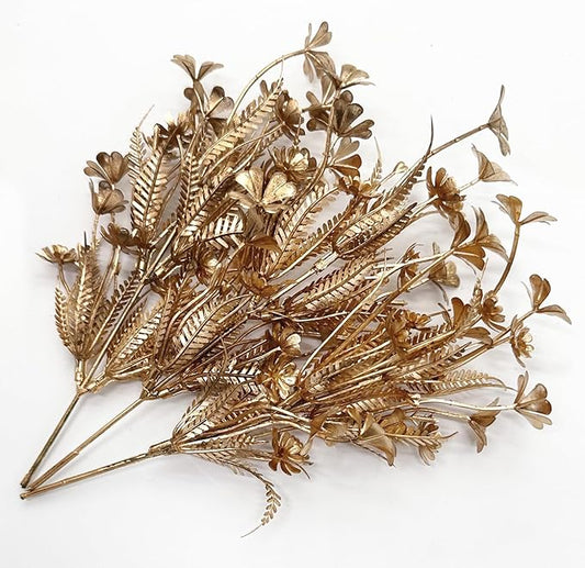 Artificial Golden Plants Decor, Fake Glitter Clover Stem Plastic Flowers Faux Simulation Good Luck Grass Stems Twigs for Wedding Picks Decoration DIY Wreath Crafts Christmas Tree Filler - Gold 10 Pcs