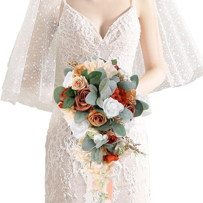 Wedding Bouquet, 11 Inch Terracotta Wedding Decor Artificial Flowers Bridal Bouquet Cascading Wedding Bouquets for Bride for Wedding Ceremony and Anniversary(Chic Terracotta)