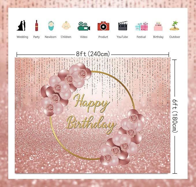 Pink Rose Gold Happy Birthday Backdrop Glitter Rose Gold Floral Balloon Bokeh Photography Background Girls Lady Sweet 16th 21th 30th Birthday Party Cake Table Photo Props 8x6FT