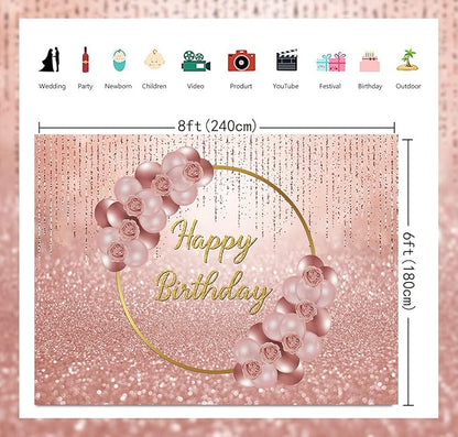 Pink Rose Gold Happy Birthday Backdrop Glitter Rose Gold Floral Balloon Bokeh Photography Background Girls Lady Sweet 16th 21th 30th Birthday Party Cake Table Photo Props 8x6FT