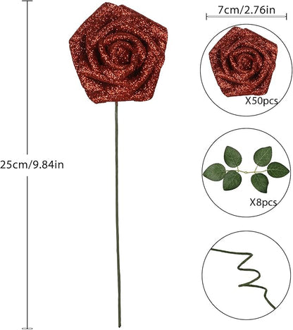 Artificial Flowers,50PCS Fake Red Roses 2.76" Glitter Foam Roses Artificial Flowers for Wedding Christmas DIY Wreath Home Table Floral Arrangement(Red)
