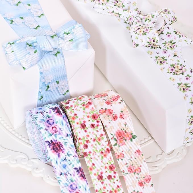 Floral Grosgrain Ribbon, 5 Rolls Flower Pattern Ribbon Spring Summer Fabric Decorative Craft Ribbon Roll for Gift Wrapping Decor Hair Bow Sewing Wreath Crafts (Mixed Color, 7/8Inch X 20Yards)