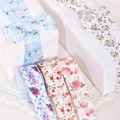 Floral Grosgrain Ribbon, 5 Rolls Flower Pattern Ribbon Spring Summer Fabric Decorative Craft Ribbon Roll for Gift Wrapping Decor Hair Bow Sewing Wreath Crafts (Mixed Color, 2.5Inch X 20Yards)