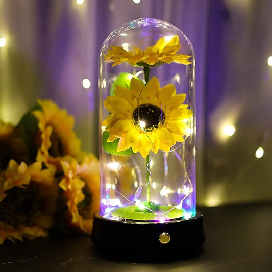 QUELIEN Christmas Sunflowers Gifts for Women,Preserved Sunflower Bouquet in Glass Dome,Girasoles para Regalo,Forever Sunflower Home Decor,Mom Birthday Gift