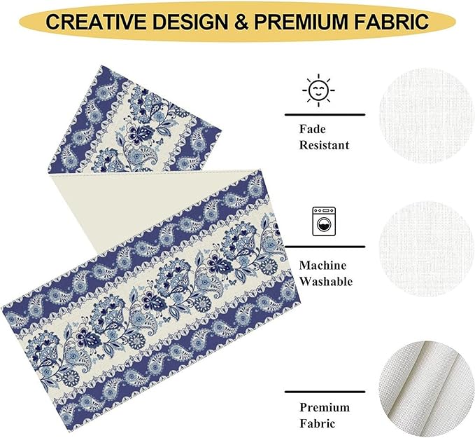 Blue Paisley Table Runner, Rustic Blue Bohemian Damask Exotic Flower Cafe Table Center Decor for Home Kitchen Dining Patio Holiday Party Indoor Outdoor Table Decorations 13x36 inch