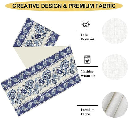 Blue Paisley Table Runner, Rustic Blue Bohemian Damask Exotic Flower Cafe Table Center Decor for Home Kitchen Dining Patio Holiday Party Indoor Outdoor Table Decorations 13x90 inch