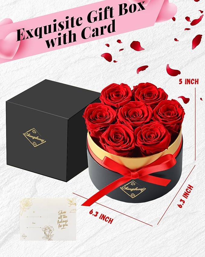 Forever Flowers Preserved Roses in a Box - 7 Preserved Flowers in a Box Last 2-3 Years, Rose Forever Birthday Flower Gifts for Women Her Wife Anniversary Mothers Rose Gift for Her