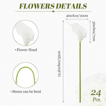 24 Pcs White Artificial Calla Lily Flower White Fake Silk Flowers Real Touch for Wedding Bouquet Office Home Kitchen Decor