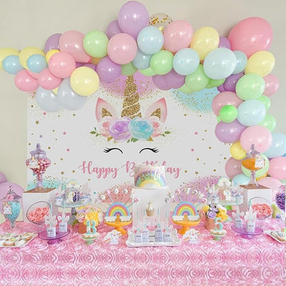 Mocsicka Unicorn Birthday Decorations Backdrop for Girls Party 6x4ft Pastel Rainbow Glitter Stars Dots Happy Birthday Banner Photo Booth Props