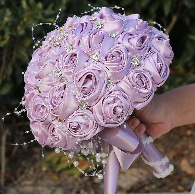 Bridal Wedding Bouquet Round Bling Brooch Bouquet Throw Toss Artificial Rose Flower Bunch for Bride Bridesmaid Wedding Quinceanera(Light Taro Purple, 6.3")