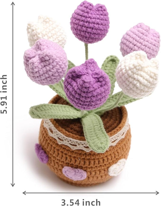 Crochet Simulation Tulip Potted Plants, Simulation Crochet with Long Flowers, Hand Crochet Lovely Woven Potted Plants, Home Office Desk Ornaments, Shop Decorative Flowers (6 Flowers-Purple)